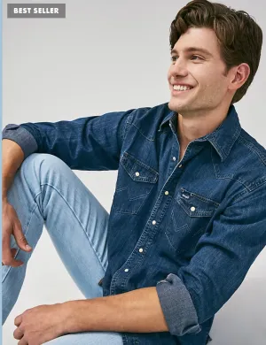 WRANGLER COWBOY CUT LONG SLEEVE WESTERN DENIM SNAP WORK SHIRT IN DARK DENIM STYLE MS1041D