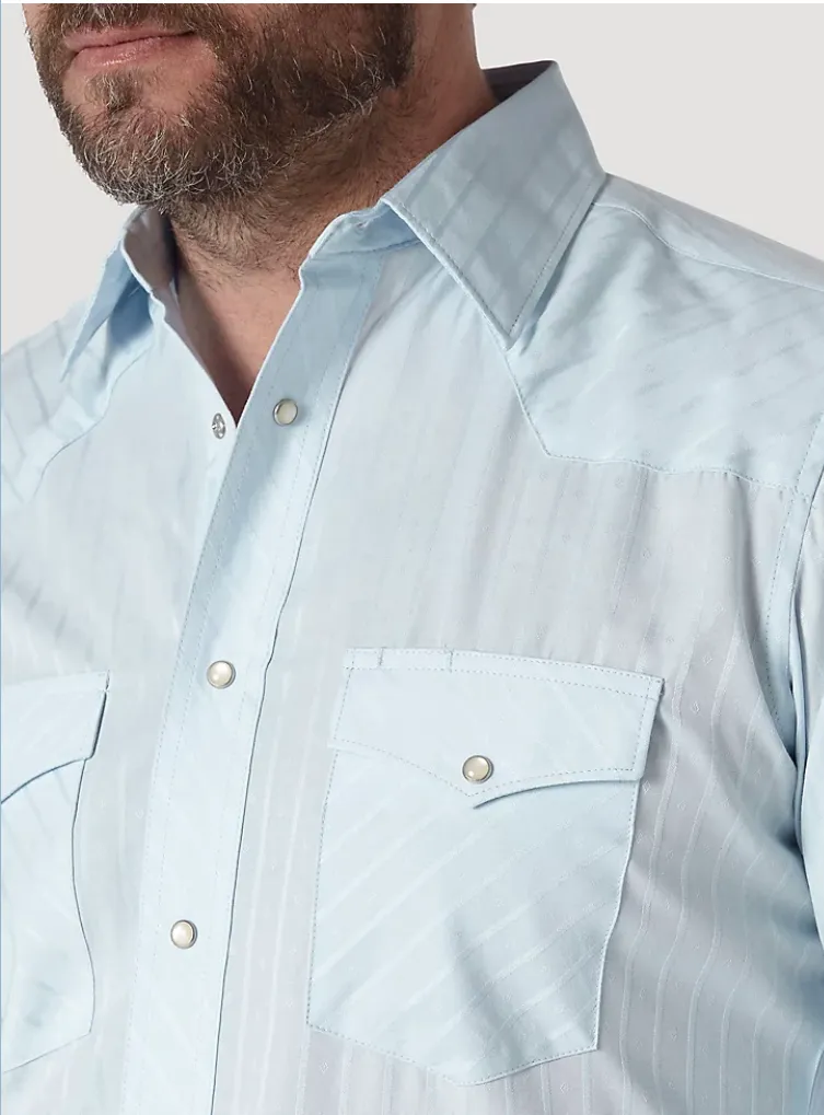 WRANGLER WESTERN LONG SLEEVE WESTERN SNAP DOBBY STRIPE SHIRT IN BLUE STYLE 75222BL